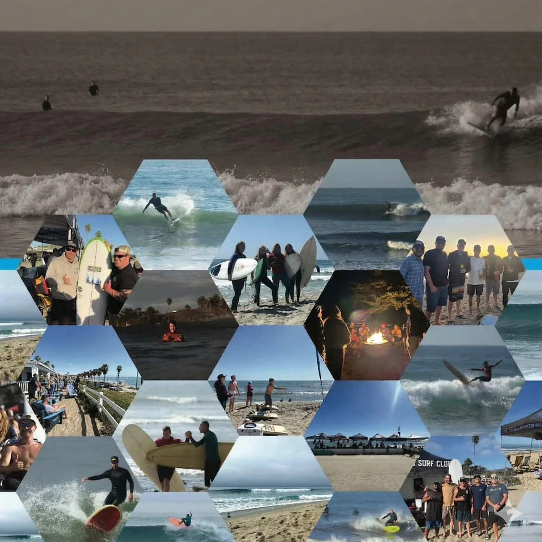 Collage of people at a beach with hexagonal tiles showing different activities.